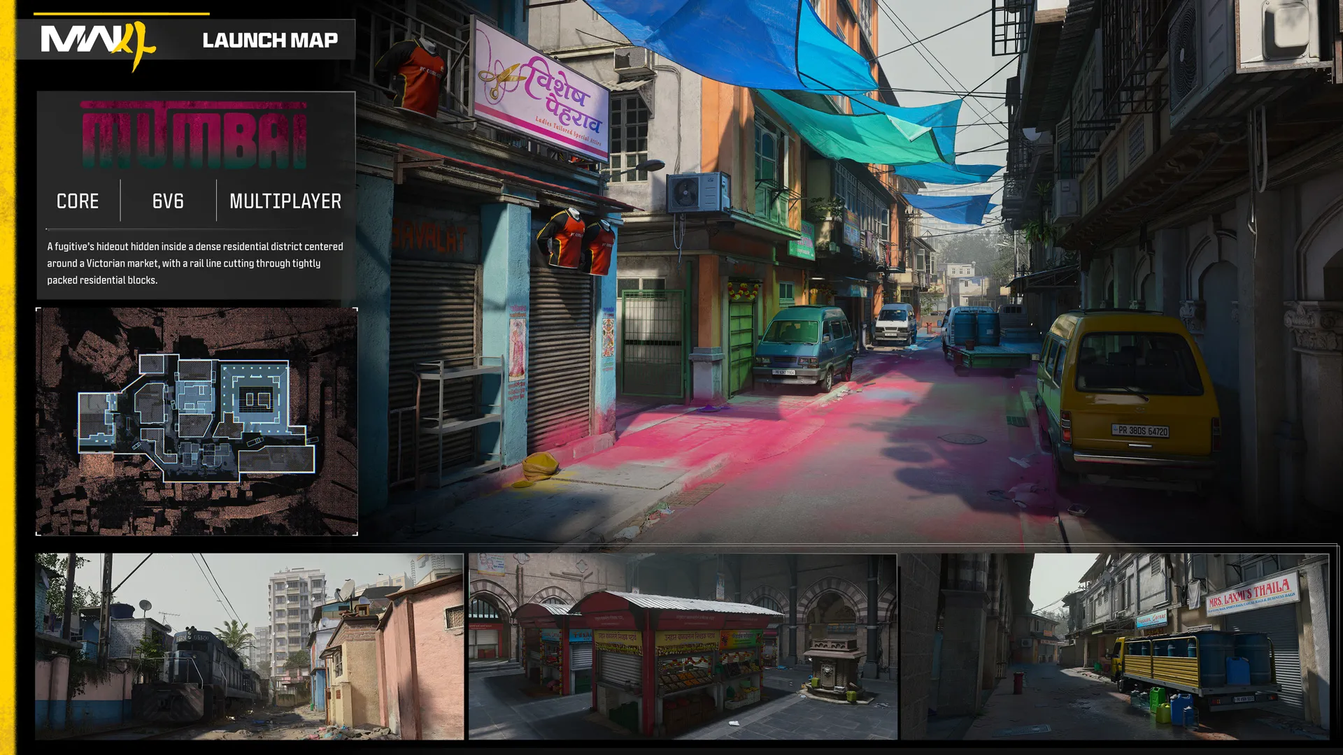 Mumbai multiplayer map overview featuring a narrow residential street with colorful overhead tarps and parked vehicles, with a minimap and three location previews.