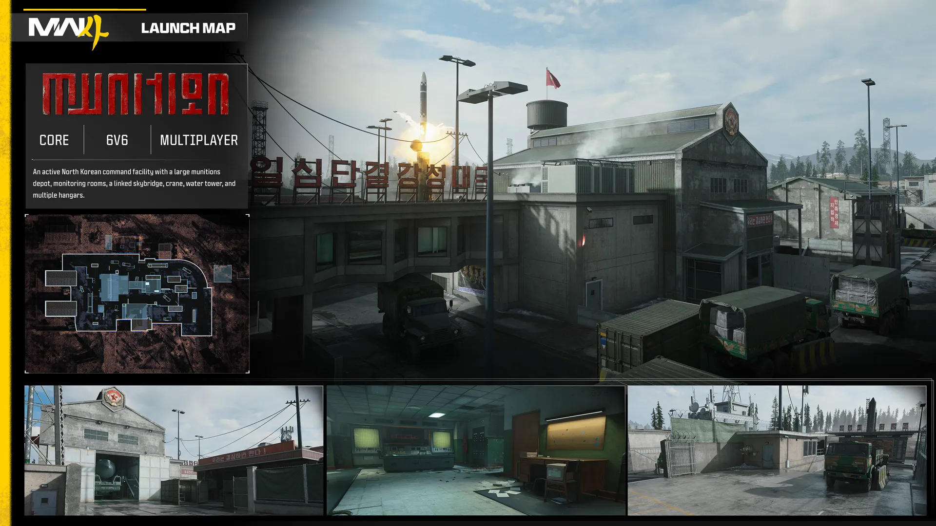 Munition multiplayer map overview featuring a North Korean military facility with a launching missile and military trucks, with a minimap and three location previews.