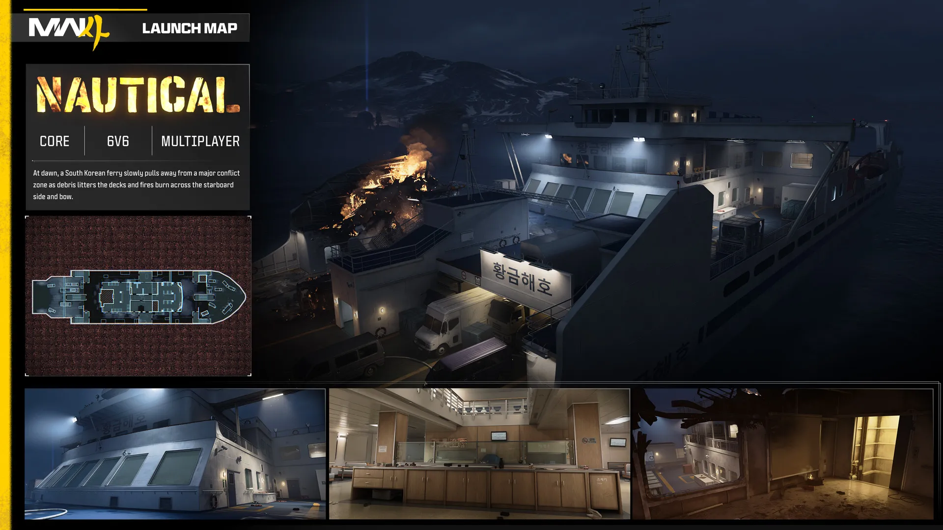 Nautical multiplayer map overview featuring a damaged South Korean ferry with fires burning on its deck at dawn, a minimap, and three location previews.