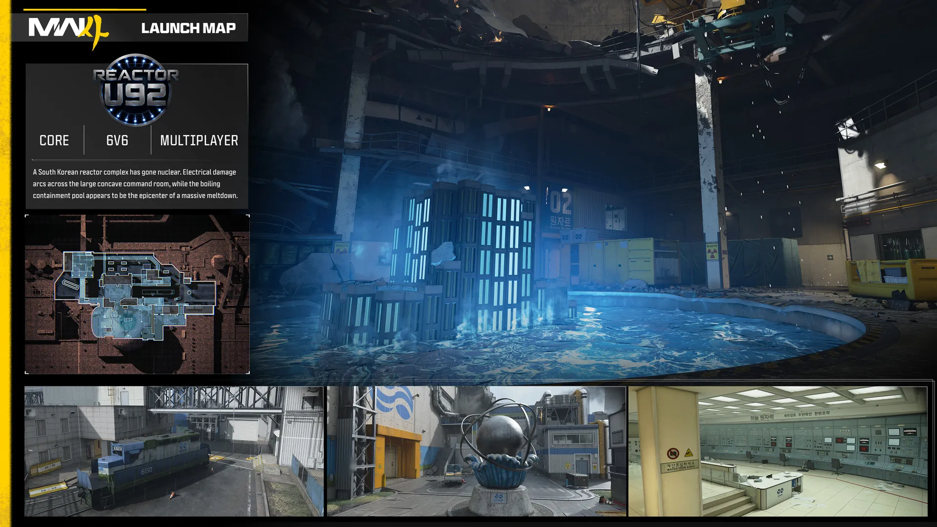Reactor U92 multiplayer map overview featuring a damaged nuclear reactor glowing blue inside a containment chamber, a minimap, and three location previews.