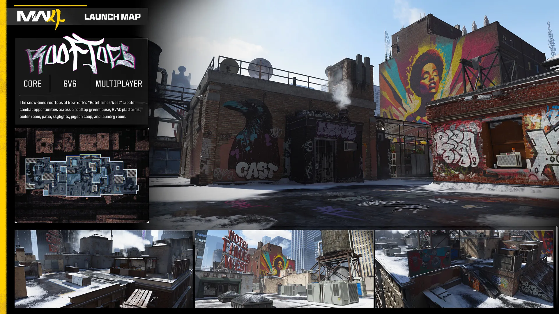 Rooftops multiplayer map overview featuring snowy New York rooftops covered in graffiti and colorful murals, with a minimap and three location previews.