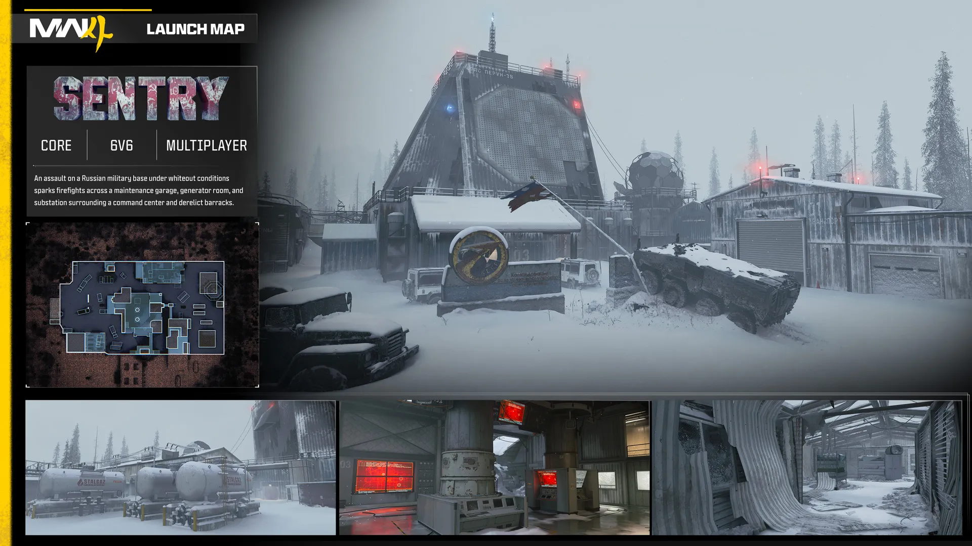Sentry multiplayer map overview featuring a snow-covered Russian military base with a large radar installation, with a minimap and three location previews.