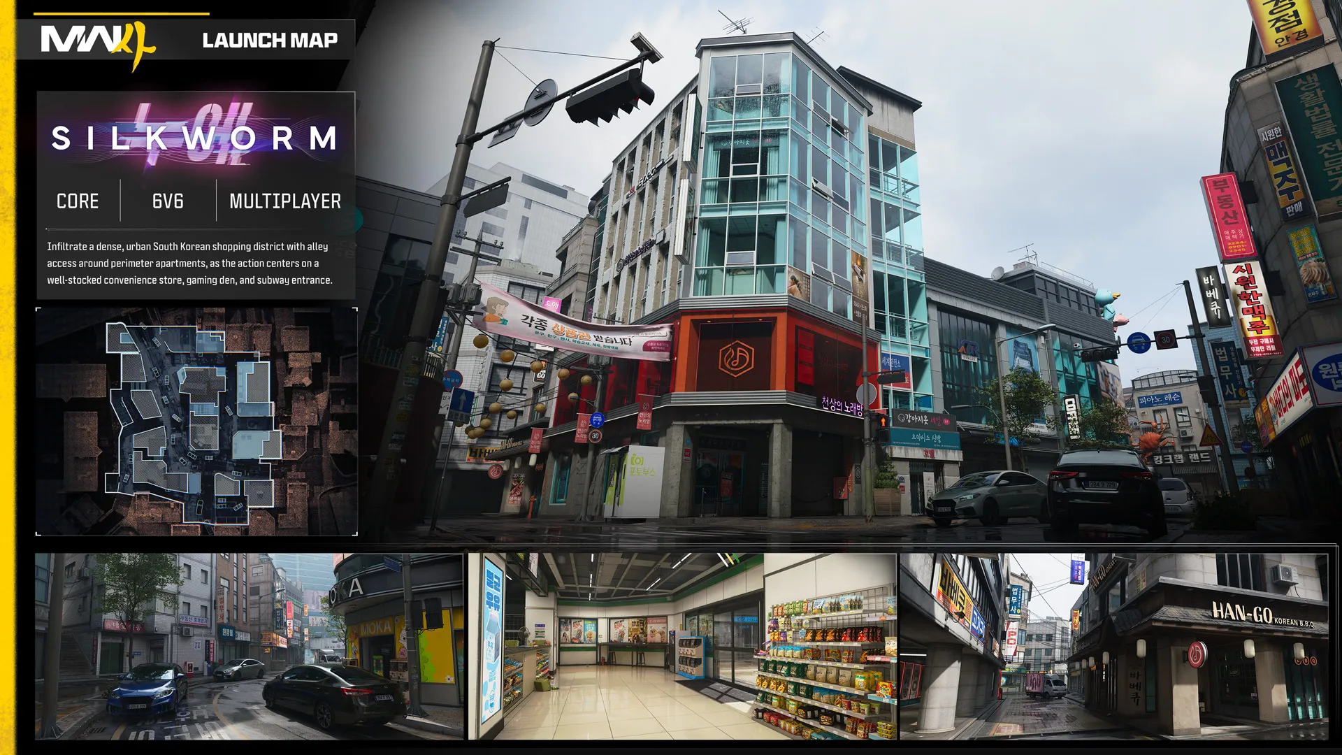 Silkworm multiplayer map overview featuring a South Korean shopping district with glass storefronts and Korean signage, with a minimap and three location previews.
