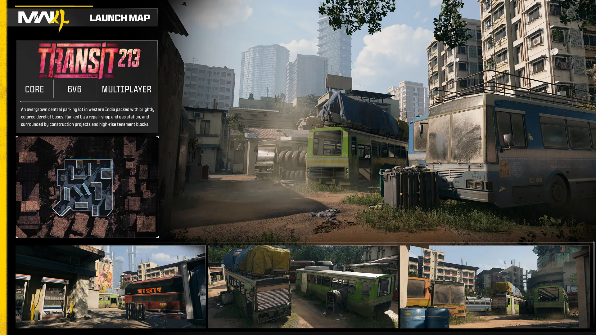 Transit 213 multiplayer map overview featuring abandoned buses in an overgrown Indian parking lot, with a minimap and three location previews.