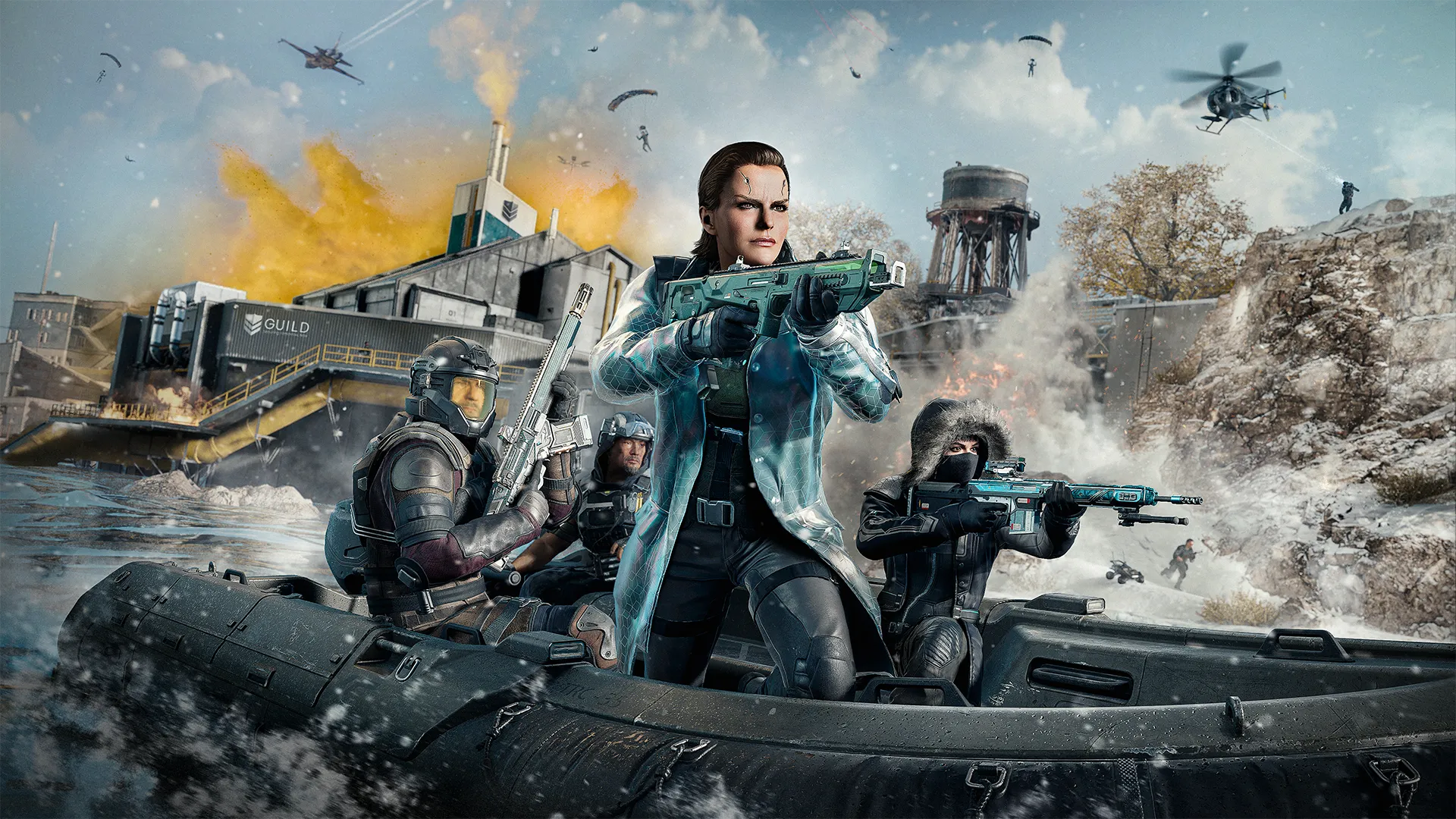 Four armed soldiers riding a rigid inflatable boat through rough water near a snow-covered industrial facility.