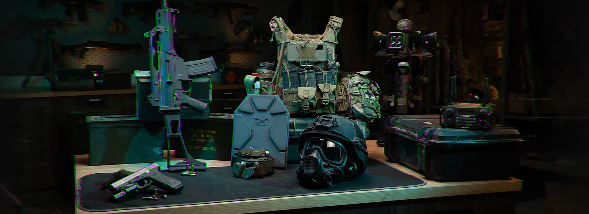 Weapons and gear propped up on a table, displayed for operators to see.