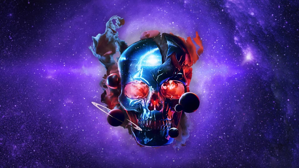 Vinyl of a skull with planets coming out of it